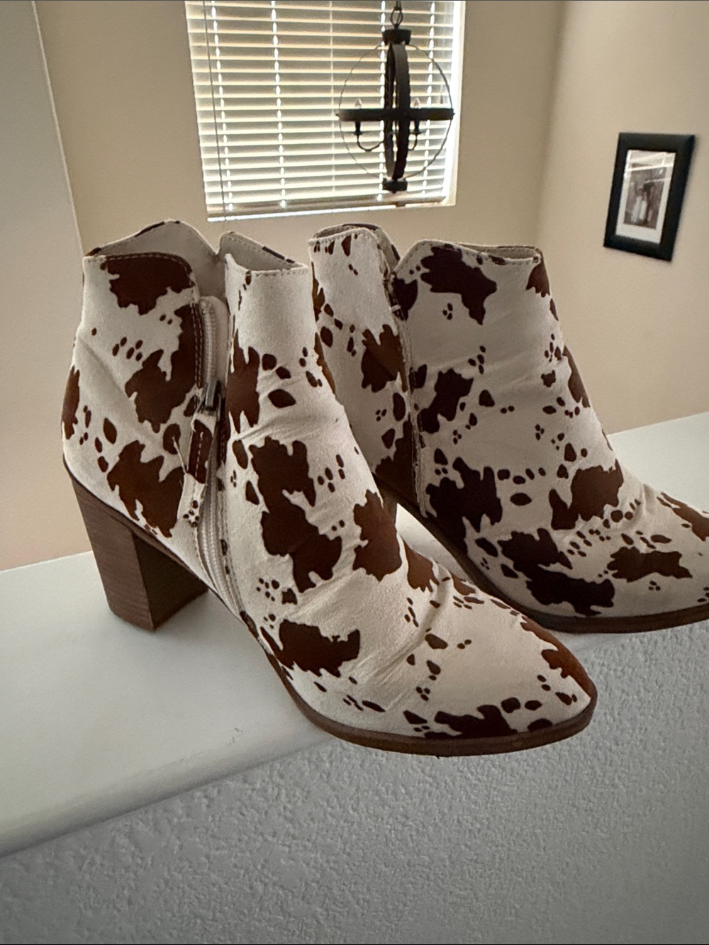 Cow Print Ankle Boots - Brown/White Women’s Heeled Booties. Worn once.